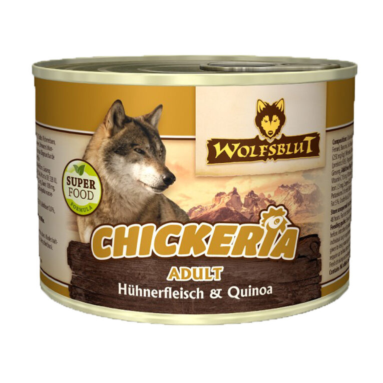 Wolfsblut - Nassfutter - Chickeria Adult mit Hühnerfleisch & Quinoa (getreidefrei) Wolfsblut bietet mit Chickeria ein getreidefreies Alleinfutter für ausgewachsene Hunde kleiner Rassen und eignet sich besonders für ernährungssensible Hunde. Es beinhaltet hochwertige