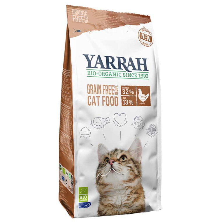 Yarrah - Trockenfutter - Bio Huhn & Fisch Grain Free (getreidefrei) Das Trockenfutter Bio Huhn & Fisch Grain Free von Yarrah bietet ein schmackhaftes Alleinfuttermittel für alle erwachsenen und ernährungssensiblen Katzen. Das Katzenfutter besteht aus getrocknetem Bio-Huhn sowie MSC-Wildhering