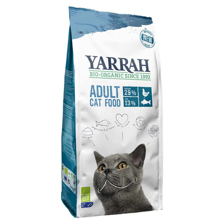 Yarrah - Trockenfutter - Bio Huhn mit MSC Hering Adult Das TrockenfutterBio Huhn mit MSC Hering Adult von Yarrah bietet ein schmackhaftes Alleinfuttermittel für alle Katzen ab dem Alter von 12 Wochen. Das Katzenfutter besteht zu 25% aus getrocknetem Bio-Huhn und zu 4% aus MSC-Wildhering. Ein besseres Leben für alle Tiere steht hierbei im Vordergrund