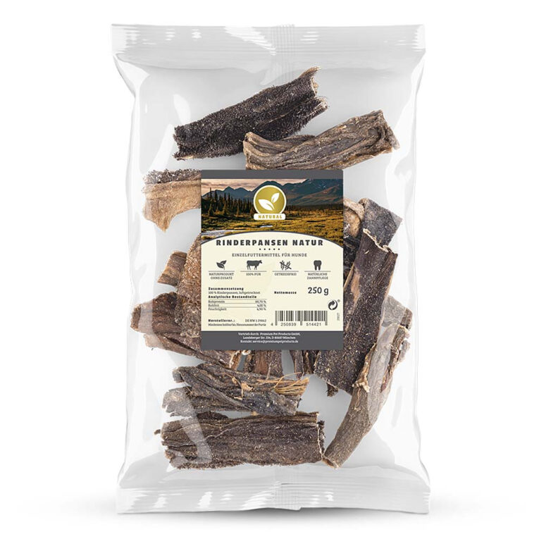 Natural - Kausnack - Rinderpansen Natur Die Rinderpansen Natur von Natural sind ein schonend luftgetrockneter Kausnack für Ihren Hund. Der fettarme Monoproteinsnack besteht zu 100% aus Rinderpansen. Er enthält kein Getreide oder Gluten und ist frei von chemischen Zusätzen sowie künstlichen Farb- und Konservierungsstoffen. Die Rinderpansen enthalten außerdem weder Zucker und Karamell noch Knochenmehle. Die luftgetrockneten Rinderpansen sind nicht nur besonders schmackhaft und fettarm