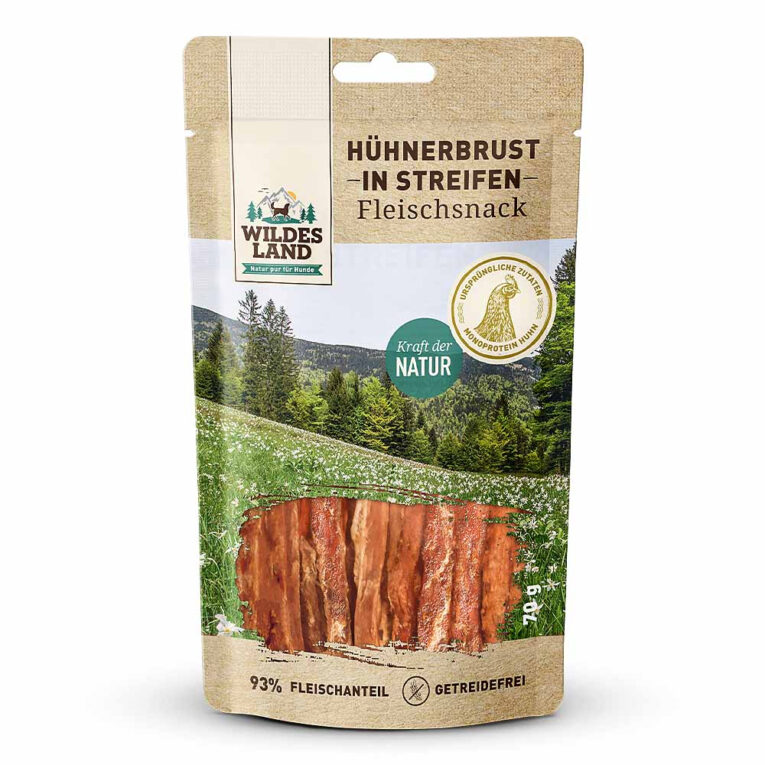 Wildes Land Hühnerbrust in Streifen Der Wildes Land Fleischsnack Hühnerbrust in Streifen basiert auf der Ursprünglichkeit und Kraft der Natur. Schonend luftgetrocknet hat das magere Hühnerbrustfilet eine ausgezeichnete Akzeptanz und Verträglichkeit bei Hunden. Als ganze Streifen oder in Stückchen zerkleinert ist dieser getreidefreie Snack eine ideale artgerechte Belohnung für das Training oder zwischendurch und gibt Ihnen die Möglichkeit
