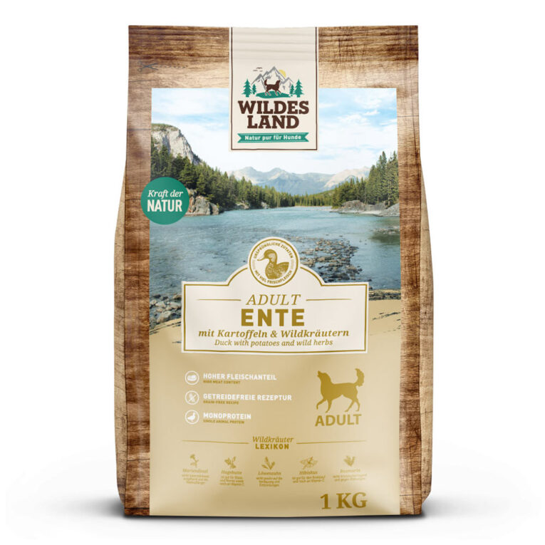 Wildes Land - Trockenfutter - Ente mit Kartoffeln und Wildkräutern 1 kg Für das Wohlbefinden Ihres Hundes ist eine ausgewogene Ernährung unerlässlich. Das Trockenfutter Ente mit Kartoffeln und Wildkräutern von Wildes Land versorgt Ihren Hund mit allen wichtigen Nährstoffen und Vitaminen