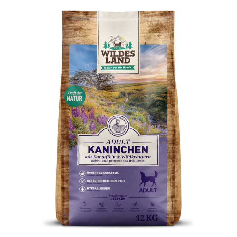 Wildes Land - Trockenfutter - Kaninchen mit Kartoffeln und Wildkräutern 12 kg Für das Wohlbefinden Ihres Hundes ist eine ausgewogene Ernährung unerlässlich. Das Trockenfutter Kaninchen mit Kartoffeln und Wildkräutern von Wildes Land versorgt Ihren Hund mit allen wichtigen Nährstoffen und Vitaminen