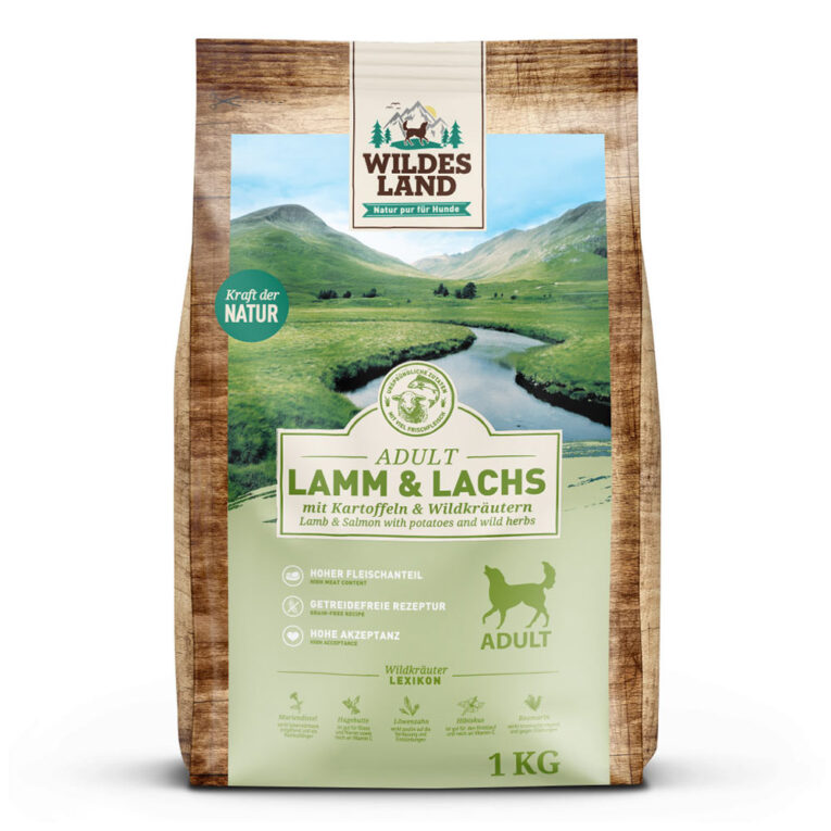 Wildes Land - Trockenfutter - Lamm und Lachs mit Kartoffeln und Wildkräutern 1 kg Für das Wohlbefinden Ihres Hundes ist eine ausgewogene Ernährung unerlässlich. Das Trockenfutter Lamm und Lachs mit Kartoffeln und Wildkräutern von Wildes Land versorgt Ihren Hund mit allen wichtigen Nährstoffen und Vitaminen