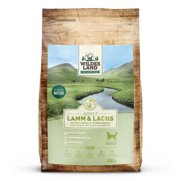 Wildes Land - Trockenfutter - Lamm und Lachs mit Kartoffeln und Wildkräutern 4 kg Für das Wohlbefinden Ihres Hundes ist eine ausgewogene Ernährung unerlässlich. Das Trockenfutter Lamm und Lachs mit Kartoffeln und Wildkräutern von Wildes Land versorgt Ihren Hund mit allen wichtigen Nährstoffen und Vitaminen