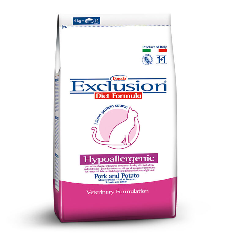 Exclusion Hypoallergenic Pork and Potato Exclusion Monoprotein Veterinary Diet Formula Hypoallergenic ist ein Diätfuttermittel mit einer Monoproteinformulierung