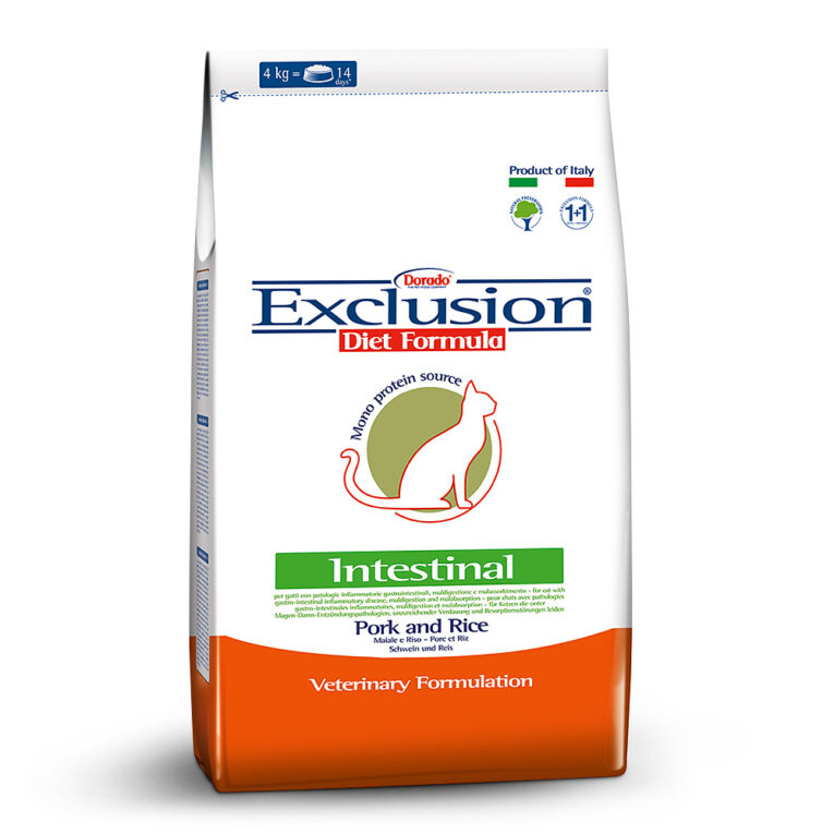 Exclusion Intestinal Pork and Rice Exclusion Monoprotein Veterinary Diet Formula Intestinal ist ein Diätfuttermittel mit einer Monoproteinformulierung