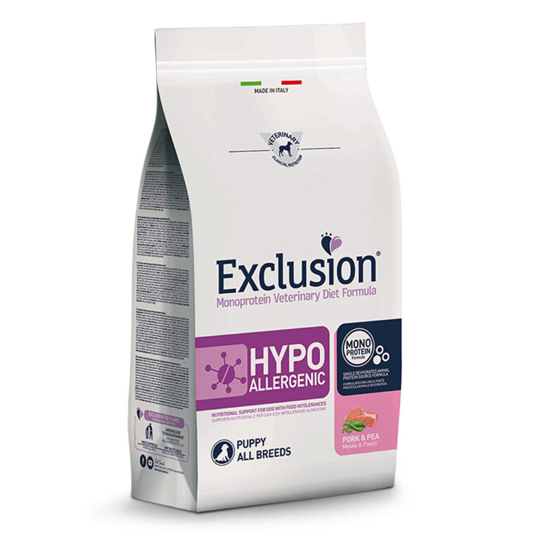 Exclusion Hypoallergenic Puppy Pork & Pea All Breeds Exclusion Monoprotein Veterinary Diet Formula Hypoallergenic ist ein Diätfuttermittel mit einer Monoprotein-Rezeptur