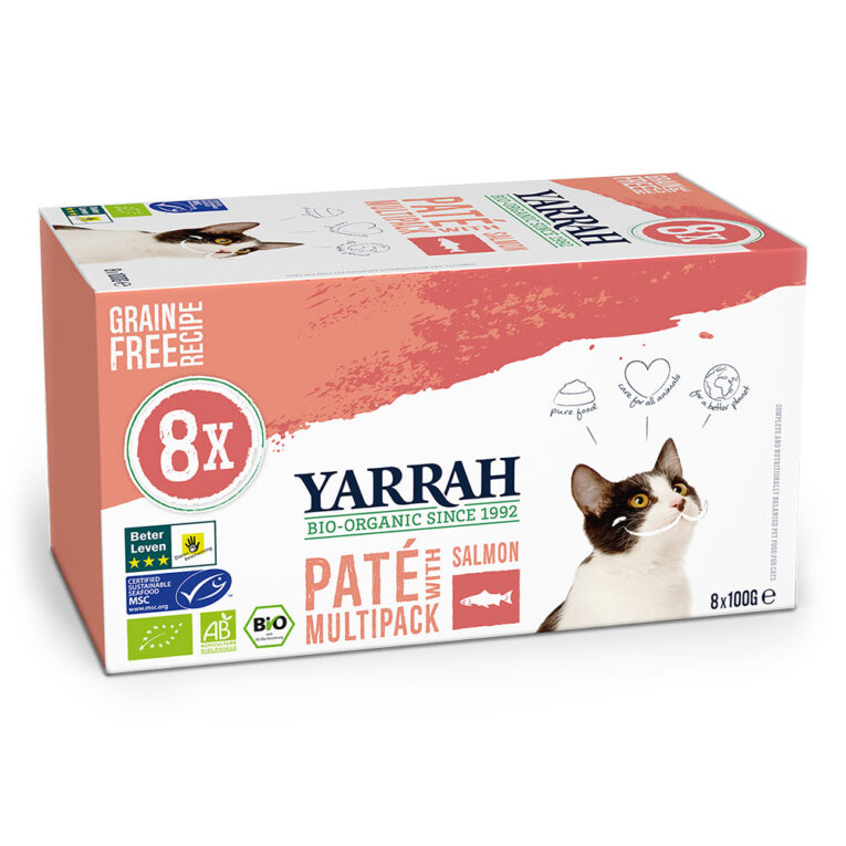 Yarrah Bio Katze Schalen Multipack Pastete getreidefrei Lachs (MSC) Das Bio Paté Nassfutter Lachs mit Meeresalge von Yarrah bietet ein schmackhaftes und getreidefreies Alleinfuttermittel für ausgewachsene Katzen. Die zarte Pastete besteht zu 77% aus biologischem Huhn und MSC-Lachs. Ein besseres Leben für alle Tiere steht hierbei im Vordergrund