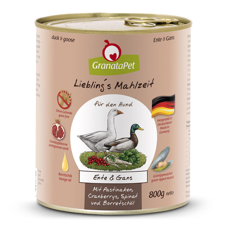 GranataPet - Nassfutter - Liebling’s Mahlzeit Ente & Gans Die Liebling’s Mahlzeit von GranataPet stellt eine ideale Vollwertnahrung für Ihren ausgewachsenen Hund dar. Aufgrund der ausgewogenen
