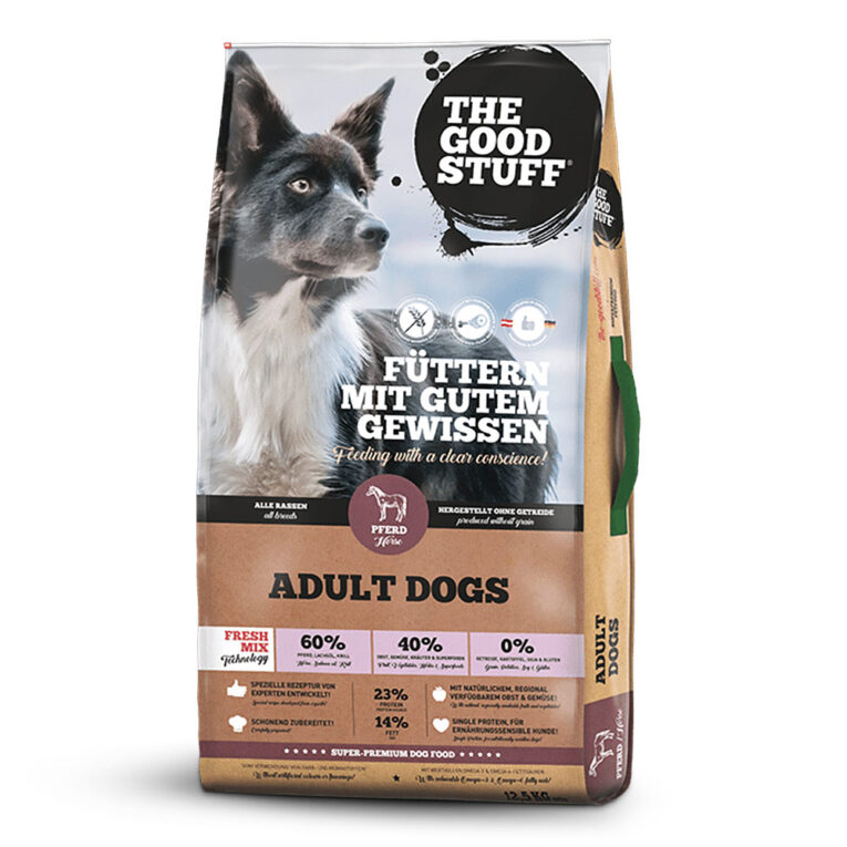 The Goodstuff - Trockenfutter - Adult Pferd (getreidefrei) TROCKENFUTTER PFERD in bewährter THE GOODSTUFF Super Premium-Qualität ist ein Alleinfuttermittel für ausgewachsene Hunde aller Rassen und Größen. Pferdefleisch ist hypoallergen und somit auch für ernährungssensible Hunde besonders gut verträglich. Schonend hergestellt ohne Getreide