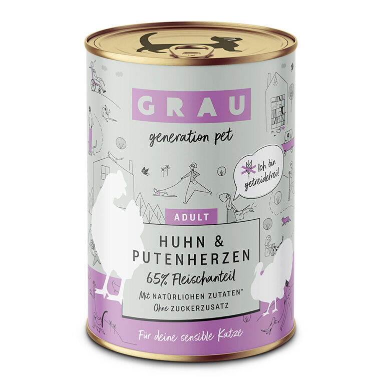 grau Huhn & Putenherzen Huhn ist eine leicht verdauliche und magere Proteinquelle und liefert Ihrem Vierbeiner schonend Energie. Es ist daher eine gute Wahl für sensible Fellnasen. Putenherzen bestehen aus reinem Muskelfleisch und werten mit einer Extraportion Proteine das Mahl Ihrer Samtpfote auf. Obendrauf sind sie praktisch fettfrei.