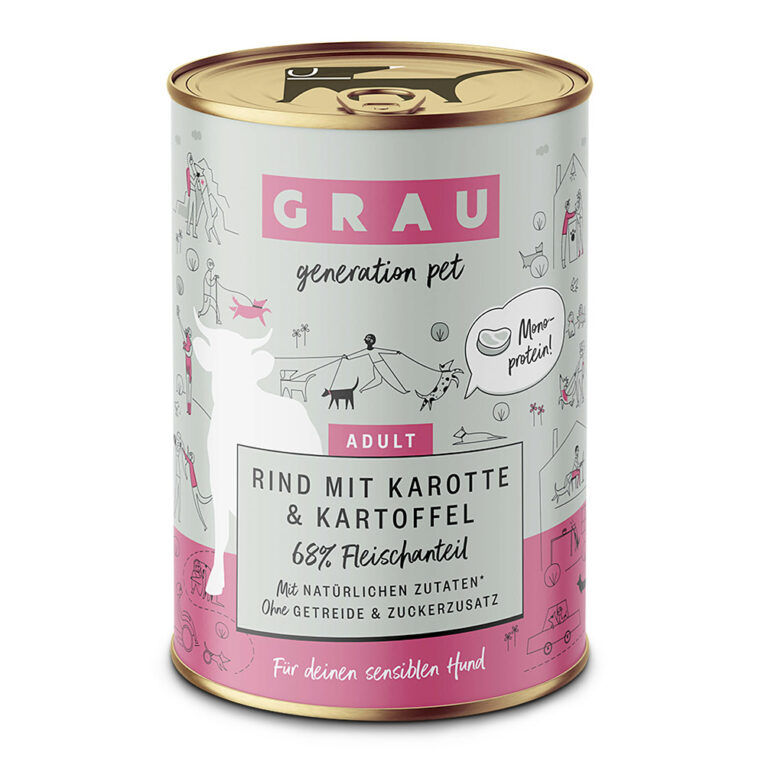 grau Rind mit Kartotte & Kartoffel Rindfleisch versorgt Ihre Fellnase mit ordentlich Eisen und Phosphor. Zudem ist es sehr proteinreich und vergleichsweise fetthaltig