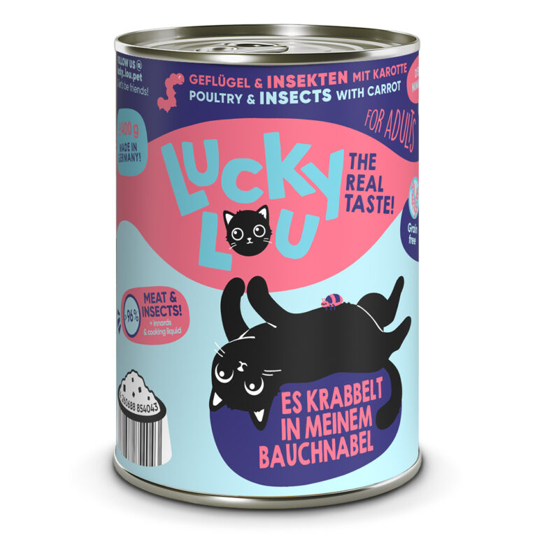 Lucky Lou Lifestage Adult Geflügel & Insekten Lucky Lou Katzennahrung besteht aus mehr als 94 % Fleisch bzw. Fisch