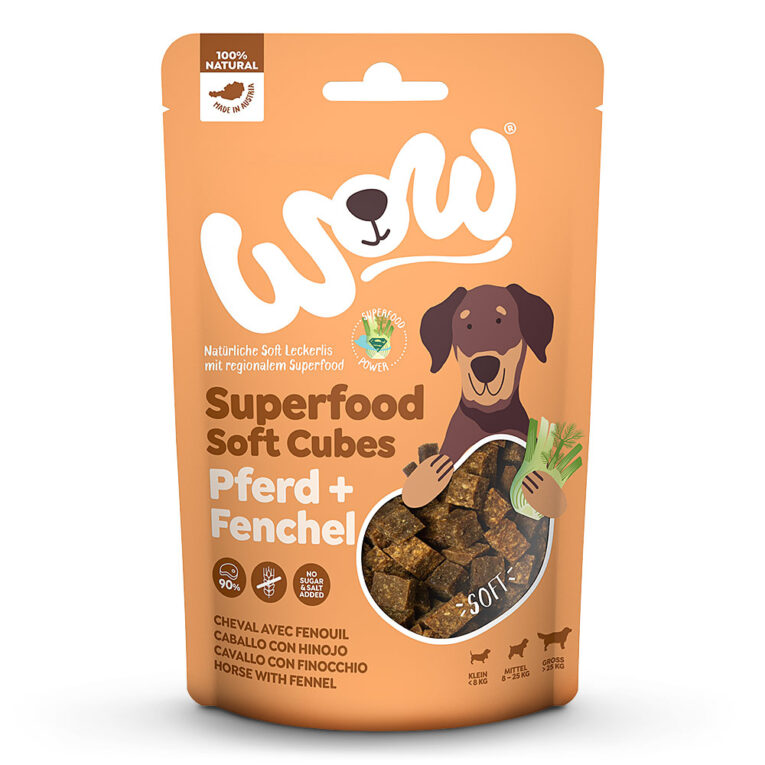 WOW SUPERFOOD Soft Cubes Pferd mit Fenchel Superfood Soft Cubes Pferd natürliche Soft Leckerlis mit regionalem Superfood und 90% Fleischanteil Die Snacks SUPERFOOD Soft Cubes Pferd mit Fenchel von WOW im Überblick: R eines Naturprodukt: 100% Muskelfleisch Mit regionalem Superfood