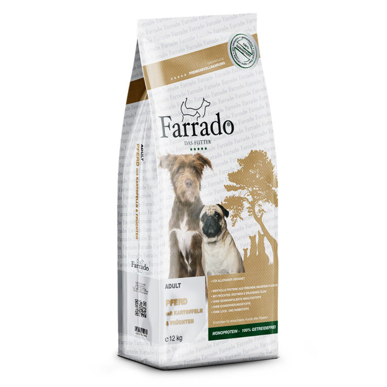 Farrado - Trockenfutter - Pferd mit Kartoffeln und Erbsen Eines der wichtigsten Bedürfnisse unserer Hunde ist ihre Gesundheit. Einer der wichtigsten Grundbausteine für die Gesundheit ist ihre Ernährung. Farrado Pferd mit Kartoffeln und Früchten bietet Hunden genau diesen Grundbaustein für ihre Gesundheit. Ausgesuchtes
