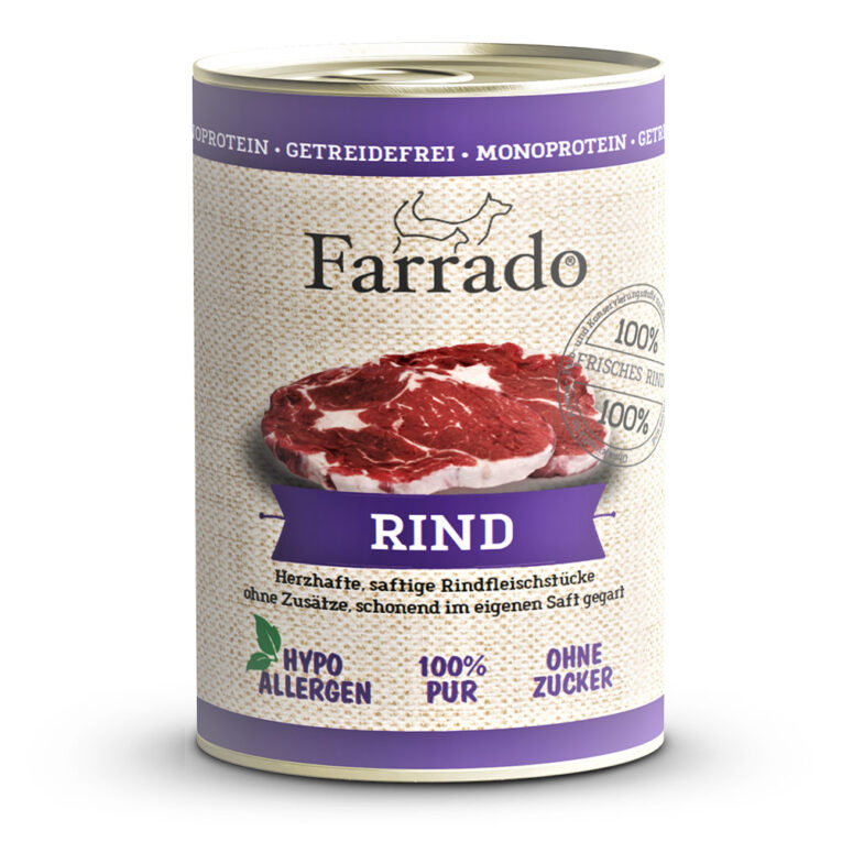 Farrado Nassfutter Rind PUR In unserem Nassfutter Farrado Monoprotein Rind PUR ist nur Fleisch enthalten. Die wertvollen Rohstoffe werden schonend verarbeitet und in der eigenen Kochbrühe konserviert. Unser Nassfutter basiert auf der Kraft und Ursprünglichkeit der Natur. Es enthält nur natürliche Nährstoffe und Vitamine