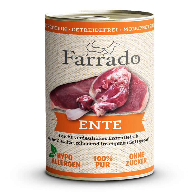Farrado - Nassfutter - Ente (getreidefrei) Für Abwechslung im Speiseplan Ihres Hundes ist schmackhafte Ente eine ideale Möglichkeit. Das in Italien produzierte Farrado 100% Ente bietet Ihnen die Möglichkeit