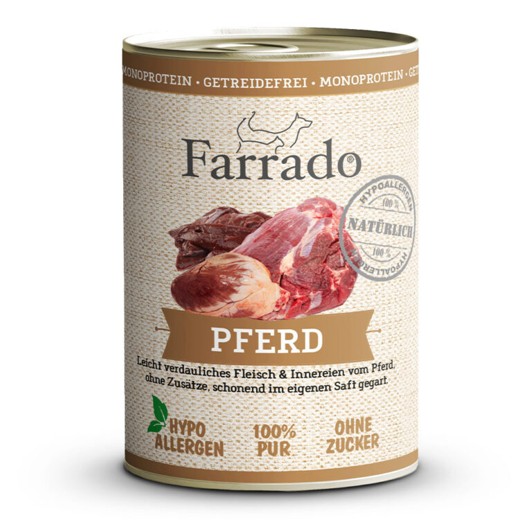 Farrado - Nassfutter - Pferd (getreidefrei) Für Abwechslung im Speiseplan Ihres Hundes ist schmackhaftes Pferd eine ideale Möglichkeit. Das in Italien produzierte Farrado Nassfutter mit Pferd und Kartoffeln bietet Ihnen die Möglichkeit