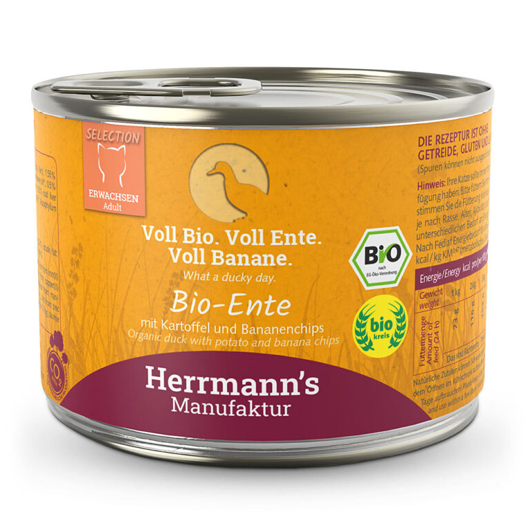 Herrmann’s - Nassfutter - Selection Bio-Ente mit Kartoffeln und Banane Dieses hochwertige Nassfutter der Selection-Linie für Katzen von Herrmann’s beinhaltet ausschließlich hochwertige Zutaten in Bio-Qualität. Herrmann’s Selection für Katzen ist ganz auf die speziellen Ernährungsbedürfnisse und den feinen Geschmack von Samtpfoten abgestimmt und beinhaltet einen hohen Fleischanteil von 96%