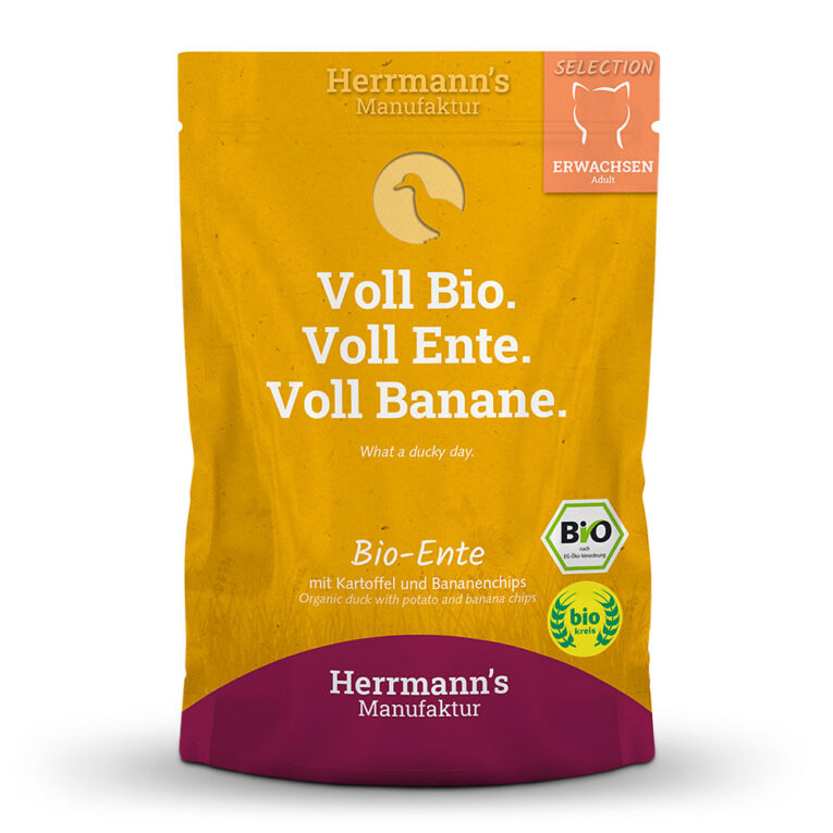 Herrmann’s - Nassfutter - Selection Bio-Ente mit Kartoffeln und Banane Dieses hochwertige Nassfutter der Selection-Linie für Katzen von Herrmann’s beinhaltet ausschließlich hochwertige Zutaten in Bio-Qualität. Herrmann’s Selection für Katzen ist ganz auf die speziellen Ernährungsbedürfnisse und den feinen Geschmack von Samtpfoten abgestimmt und beinhaltet einen hohen Fleischanteil von 96%