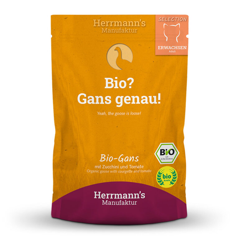 Herrmann’s - Nassfutter - Selection Bio-Gans mit Zucchini und Tomaten Dieses hochwertige Nassfutter der Selection-Linie für Katzen von Herrmann’s beinhaltet ausschließlich hochwertige Zutaten in Bio-Qualität. Herrmann’s Selection für Katzen ist ganz auf die speziellen Ernährungsbedürfnisse und den feinen Geschmack von Samtpfoten abgestimmt und beinhaltet einen hohen Fleischanteil von 96%
