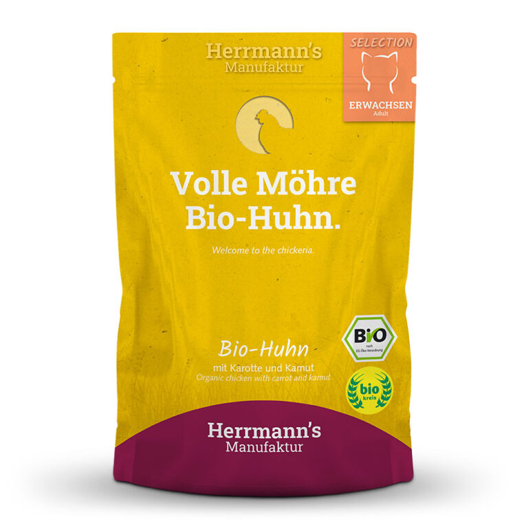 Herrmann’s - Nassfutter - Selection Bio-Huhn mit Karotte und Kamut Dieses hochwertige Nassfutter der Selection-Linie für Katzen von Herrmann’s beinhaltet ausschließlich hochwertige Zutaten in Bio-Qualität. Herrmann’s Selection für Katzen ist ganz auf die speziellen Ernährungsbedürfnisse und den feinen Geschmack von Samtpfoten abgestimmt und beinhaltet einen hohen Fleischanteil von 96%