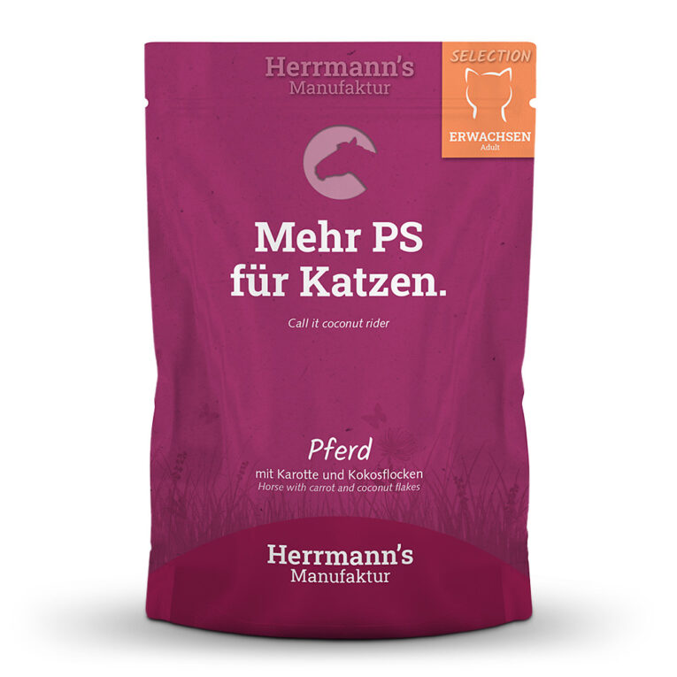 Herrmann’s - Nassfutter - Selection Pferd mit Karotte und Kokosöl Dieses hochwertige Nassfutter der Selection-Linie für Katzen von Herrmann’s beinhaltet ausschließlich hochwertige Zutaten in Bio-Qualität. Herrmann’s Selection für Katzen ist ganz auf die speziellen Ernährungsbedürfnisse und den feinen Geschmack von Samtpfoten abgestimmt und beinhaltet einen hohen Fleischanteil von 96%