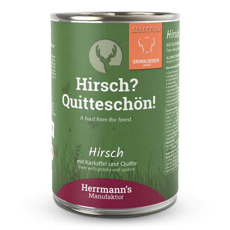 Hirsch mit Kartoffel Das neue hochwertige Nassfutter Hirsch mit Kartoffel von Herrmann’s beinhaltet Zutaten in hochwertiger Qualität und verzichtet in seiner Zusammensetzung ganz auf Gluten