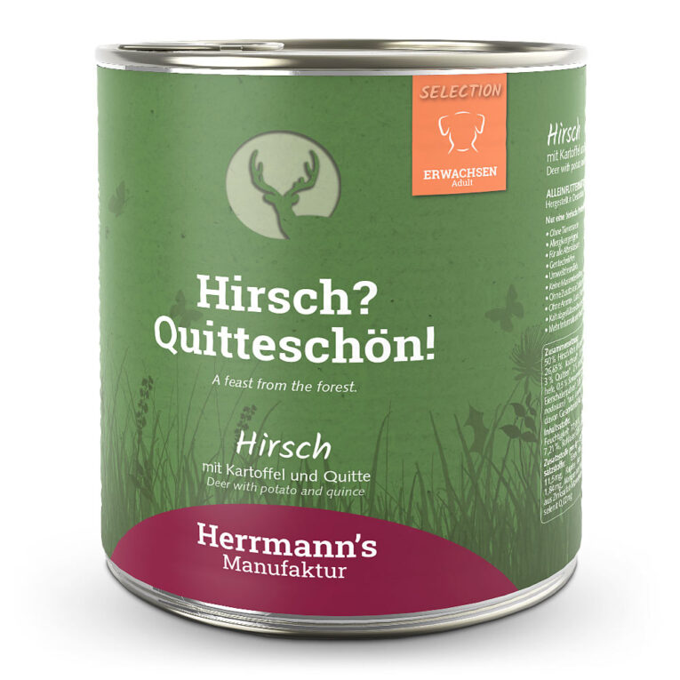 Hirsch mit Kartoffel Das neue hochwertige Nassfutter Hirsch mit Kartoffel von Herrmann’s beinhaltet Zutaten in hochwertiger Qualität und verzichtet in seiner Zusammensetzung ganz auf Gluten