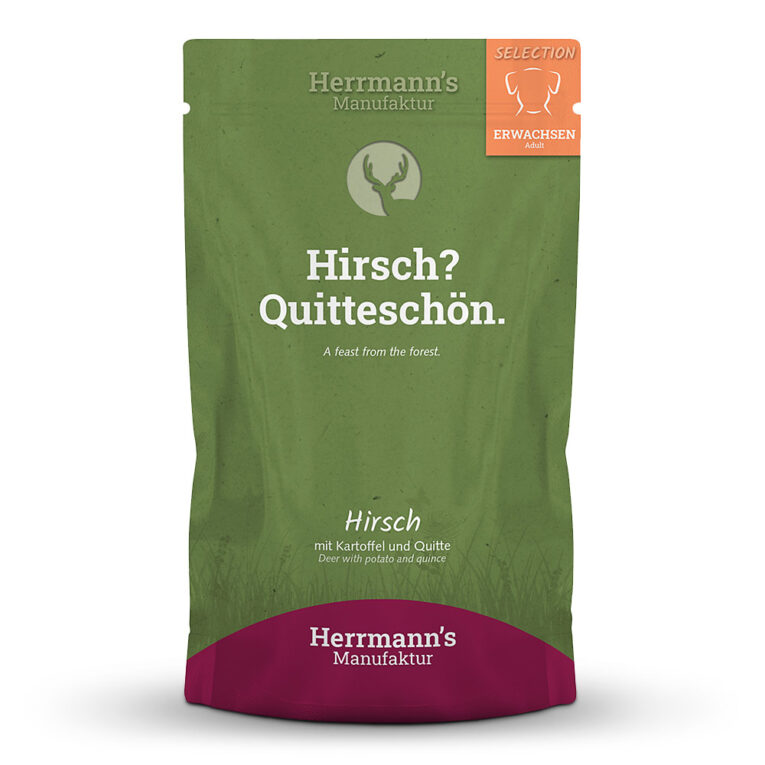Hirsch mit Kartoffel Das neue hochwertige Nassfutter Hirsch mit Kartoffel von Herrmann’s beinhaltet Zutaten in hochwertiger Qualität und verzichtet in seiner Zusammensetzung ganz auf Gluten
