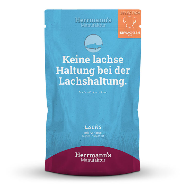 Lachs mit Aprikose Das neue hochwertige Nassfutter Lachs mit Aprikose von Herrmann’s beinhaltet Zutaten in hochwertiger Qualität und verzichtet in seiner Zusammensetzung ganz auf Gluten