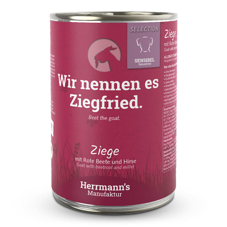 Herrmann’s - Nassfutter - Selection Sensibel Ziege mit roter Beete und Hirse (glutenfrei) Dieses neue hochwertige Nassfutter der Selection-Linie Sensibel von Herrmann’s beinhaltet ausschließlich hochwertige Zutaten in bester Qualität und verzichtet in seiner Zusammensetzung ganz auf Gluten oder Laktose. Herrmann’s Selection Sensibel ist auf die Bedürfnisse von Hunden zugeschnitten