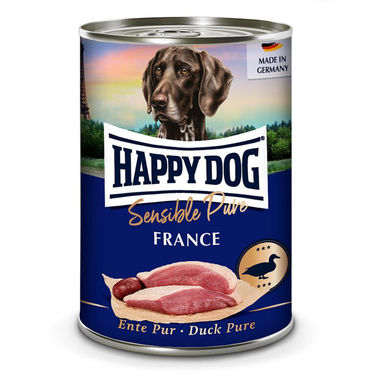 Happy Dog Sensible Pure France (Ente) Das getreidefreie Happy Dog Nassfutter Ente ist für ausgewachsene Hunde aller Rassen geeignet und ideal zur Fütterung von sensiblen Hunden. Das Monoproteinfutter enthält Ente als einzige Proteinquelle und wird ergänzt durch lebenswichtige Vitamine und Mineralstoffe. Durch die Zugabe von Vitamin E kann das Immunsystem Ihres Lieblings unterstützt werden. Die Rezeptur von Happy Dog ist dabei komplett frei von Soja oder sonstigen pflanzlichen Zusätzen und besteht nur aus 100% Entenfeisch und Innereien. So ist das Futter besonders verträglich und auch für Hunde mit Futtermittelunverträglichkeiten geeignet. Das Nassfutter kann außerdem hervorragend mit den Happy Dog Flocken für eine extra Portion Ballaststoffe kombiniert werden. Happy Dog Sensible Pure France im Überblick: Wird in Deutschland hergestellt Ausschließlich tierisches Protein aus frischem Fleisch für die Produktion verwendet Komplett auf Konservierungs- und Farbstoffe verzichtet Frei von Getreide