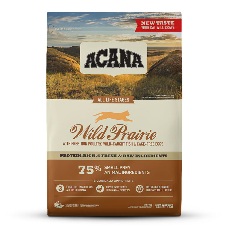 Acana - Trockenfutter - Regionals Wild Prairie (getreidefrei) Acana Regionals Wild Prairie ist auf die Ernährung von Katzen in allen Lebensphasen abgestimmt und versorgt Ihre Samtpfote mit wertvollen Nährstoffen für ein gesundes und aktives Leben. Deshalb enthält Acana Regionals Wild Prairie viel Protein aus nahrhaftem Hühner- und Truthahnfleisch aus artgerechter Freilandhaltung und frisch gefangenem Fisch. Die verschiedenen Fleischsorten werden frisch oder roh in "ganze-Beute" Portionen verarbeitet. Das schmackhafte Futter wird außerdem mit einer Vielzahl an vitaminreichem Obst und Gemüse aus regionaler Erzeugung zubereitet. Die ausgewogene Rezeptur ist ein wahrer Gaumenschmaus für Ihren Vierbeiner und versorgt ihn so natürlich wie möglich mit wichtigen Nähr- und Vitalstoffen. Die Regionals-Linie von Acana hat einen besonders hohen Fleischanteil von 75 Prozent. Dabei wird sowohl rohes als auch getrocknetes Fleisch verarbeitet