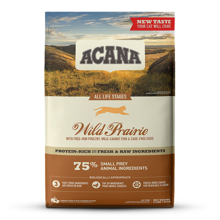 Acana - Trockenfutter - Regionals Wild Prairie (getreidefrei) Acana Regionals Wild Prairie ist auf die Ernährung von Katzen in allen Lebensphasen abgestimmt und versorgt Ihre Samtpfote mit wertvollen Nährstoffen für ein gesundes und aktives Leben. Deshalb enthält Acana Regionals Wild Prairie viel Protein aus nahrhaftem Hühner- und Truthahnfleisch aus artgerechter Freilandhaltung und frisch gefangenem Fisch. Die verschiedenen Fleischsorten werden frisch oder roh in "ganze-Beute" Portionen verarbeitet. Das schmackhafte Futter wird außerdem mit einer Vielzahl an vitaminreichem Obst und Gemüse aus regionaler Erzeugung zubereitet. Die ausgewogene Rezeptur ist ein wahrer Gaumenschmaus für Ihren Vierbeiner und versorgt ihn so natürlich wie möglich mit wichtigen Nähr- und Vitalstoffen. Die Regionals-Linie von Acana hat einen besonders hohen Fleischanteil von 75 Prozent. Dabei wird sowohl rohes als auch getrocknetes Fleisch verarbeitet
