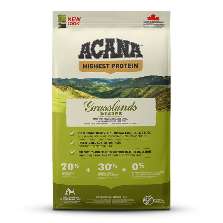 Acana - Trockenfutter - Highest Protein Grassland Dog (getreidefrei) Acana Highest Protein Grassland Dog ist auf die Ernährung von Hunden in allen Lebensphasen abgestimmt und versorgt Ihren Hund mit wertvollen Nährstoffen für ein gesundes und aktives Hundeleben. Deshalb enthält Acana Highest Protein Grassland Dog viel Protein aus nahrhaftem Lammfleisch
