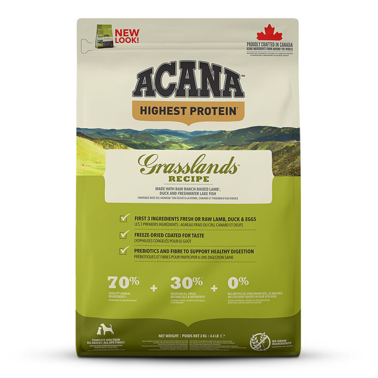 Acana - Trockenfutter - Highest Protein Grassland Dog (getreidefrei) Acana Highest Protein Grassland Dog ist auf die Ernährung von Hunden in allen Lebensphasen abgestimmt und versorgt Ihren Hund mit wertvollen Nährstoffen für ein gesundes und aktives Hundeleben. Deshalb enthält Acana Highest Protein Grassland Dog viel Protein aus nahrhaftem Lammfleisch