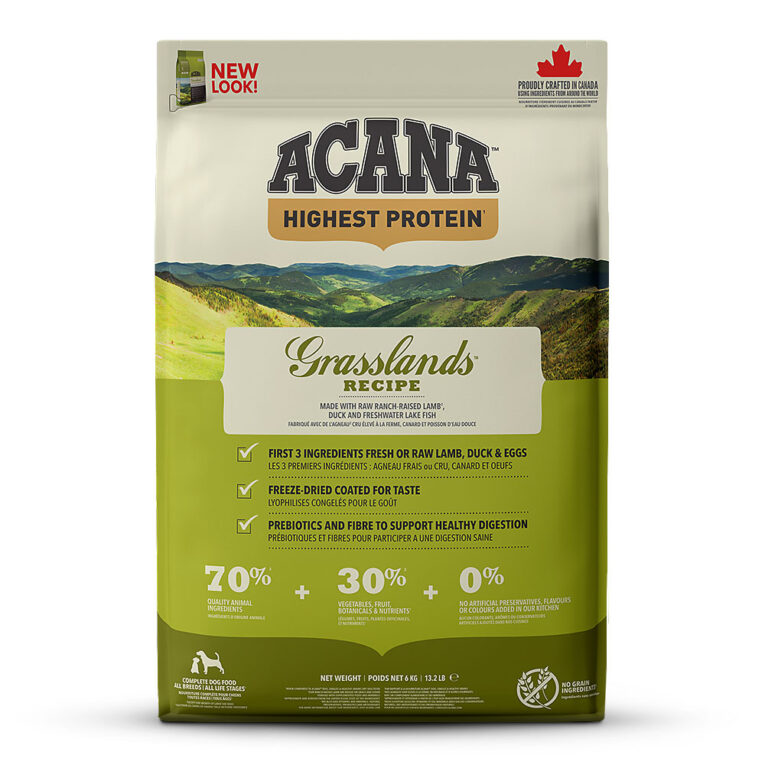 Acana - Trockenfutter - Highest Protein Grassland Dog (getreidefrei) Acana Highest Protein Grassland Dog ist auf die Ernährung von Hunden in allen Lebensphasen abgestimmt und versorgt Ihren Hund mit wertvollen Nährstoffen für ein gesundes und aktives Hundeleben. Deshalb enthält Acana Highest Protein Grassland Dog viel Protein aus nahrhaftem Lammfleisch