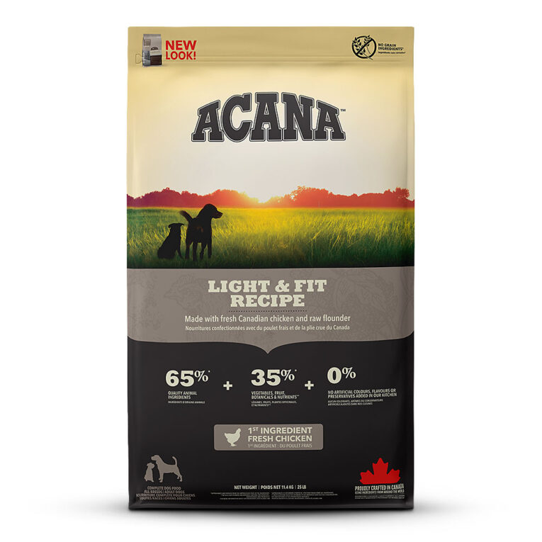 Acana - Trockenfutter - Dog Light & Fit Dog (getreidefrei) Acana Dog Light & Fit ist reich an hochwertigem Fleisch von Freilandhühnern (55%) und Volleiern von regionalen Geflügelfarmen sowie fangfrischem Flunder von Vancouver Island