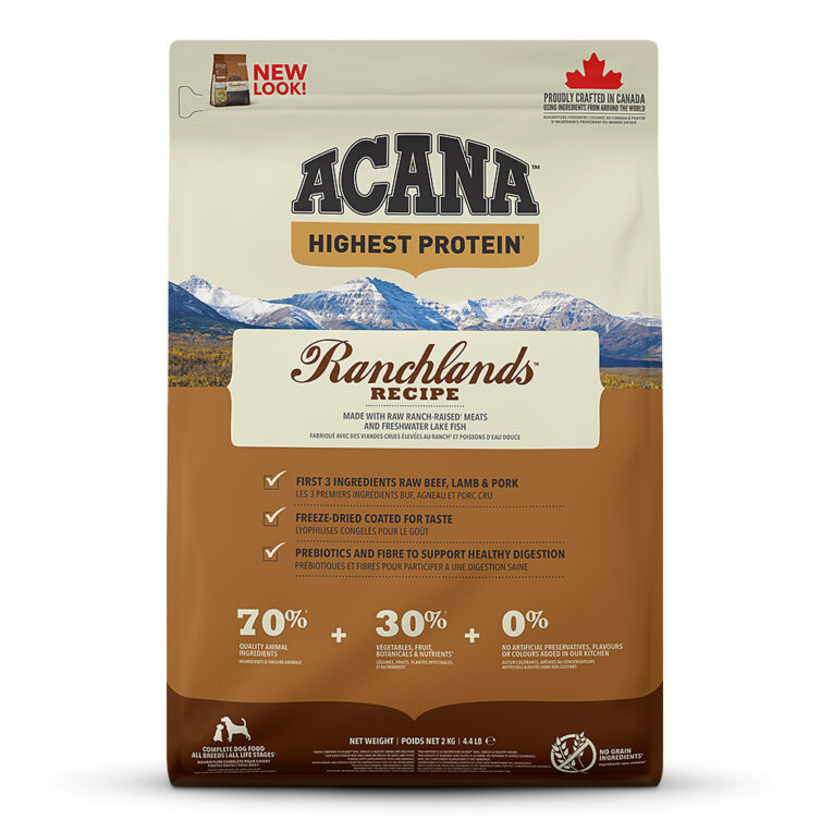 Acana - Trockenfutter - Highest Protein Ranchlands Dog (getreidefrei) Acana Highest Protein Ranchlands Dog ist auf die Ernährung von Hunden in allen Lebensphasen abgestimmt und versorgt Ihren Hund mit wertvollen Nährstoffen für ein gesundes und aktives Hundeleben. Deshalb enthält Acana Highest Protein Ranchlands Dog viel Protein aus nahrhaftem Angus-Rindfleisch