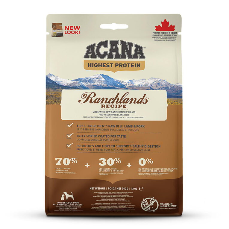 Acana - Trockenfutter - Highest Protein Ranchlands Dogs (getreidefrei) Acana Highest Protein Ranchlands Dogs ist auf die Ernährung von Hunden in allen Lebensphasen abgestimmt und versorgt Ihren Hund mit wertvollen Nährstoffen für ein gesundes und aktives Hundeleben. Deshalb enthält Acana Highest Protein Ranchlands Dogs viel Protein aus nahrhaftem Angus-Rindfleisch