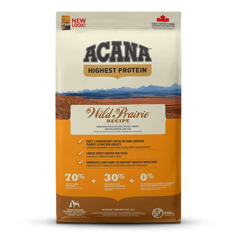 Acana - Trockenfutter - Highest Protein Wild Prairie (getreidefrei) Acana Highest Protein Wild Prairie ist auf die Ernährung für Hunde in allen Lebensphasen abgestimmt und versorgt Ihren Hund mit wertvollen Nährstoffen für ein gesundes und aktives Hundeleben. Deshalb enthält Acana Highest Protein Wild Prairie viel Protein aus nahrhaftem Hühner- und Truthahnfleisch aus artgerechter Freilandhaltund und frisch gefangenem Fisch. Die verschiedenen Fleischsorten werden frisch oder roh in "ganze-Beute" Portionen verarbeitet. Das schmackhafte Futter wird außerdem mit einer Vielzahl an vitaminreichem Obst und Gemüse aus regionaler Erzeugung zubereitet. Die ausgewogene Rezeptur ist ein wahrer Gaumenschmaus für Ihren Vierbeiner und versorgt ihn so natürlich wie möglich mit wichtigen Nähr- und Vitalstoffen. Die Highest Protein-Linie von Acana hat einen besonders hohen Fleischanteil von 70 Prozent. Dabei wird sowohl rohes als auch getrocknetes Fleisch verarbeitet