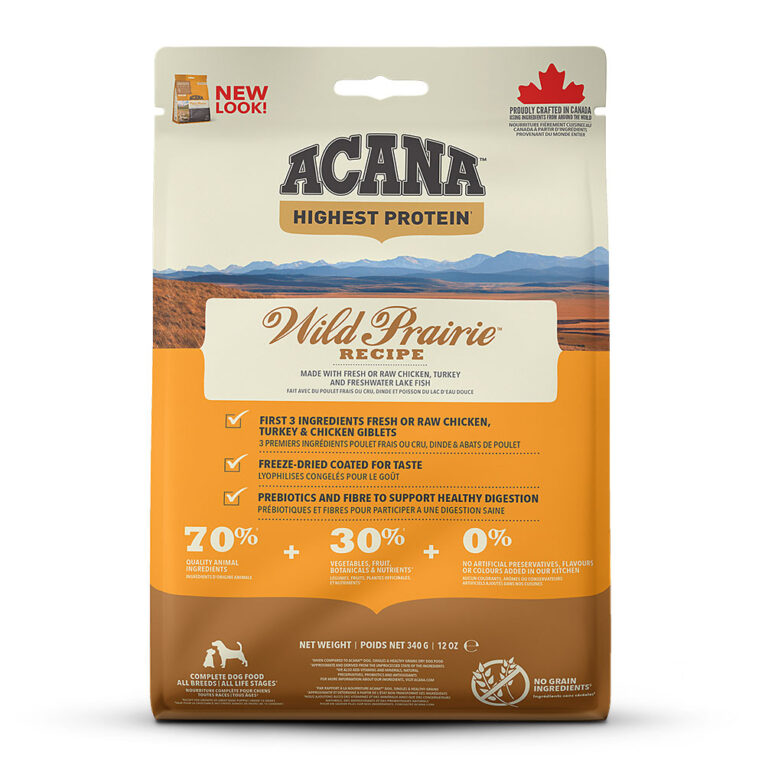 Acana - Trockenfutter - Regionals Wild Prairie (getreidefrei) Acana Regionals Wild Prairie ist auf die Ernährung für Hunde in allen Lebensphasen abgestimmt und versorgt Ihren Hund mit wertvollen Nährstoffen für ein gesundes und aktives Hundeleben. Deshalb enthält Acana Regionals Wild Prairie viel Protein aus nahrhaftem Hühner- und Truthahnfleisch aus artgerechter Freilandhaltund und frisch gefangenem Fisch. Die verschiedenen Fleischsorten werden frisch oder roh in "ganze-Beute" Portionen verarbeitet. Das schmackhafte Futter wird außerdem mit einer Vielzahl an vitaminreichem Obst und Gemüse aus regionaler Erzeugung zubereitet. Die ausgewogene Rezeptur ist ein wahrer Gaumenschmaus für Ihren Vierbeiner und versorgt ihn so natürlich wie möglich mit wichtigen Nähr- und Vitalstoffen. Die Regionals-Linie von Acana hat einen besonders hohen Fleischanteil von 70 Prozent. Dabei wird sowohl rohes als auch getrocknetes Fleisch verarbeitet