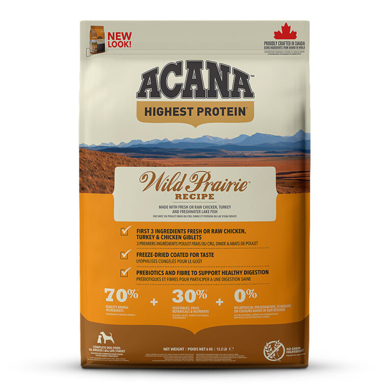 Acana - Trockenfutter - Highest Protein Wild Prairie (getreidefrei) Acana Highest Protein Wild Prairie ist auf die Ernährung für Hunde in allen Lebensphasen abgestimmt und versorgt Ihren Hund mit wertvollen Nährstoffen für ein gesundes und aktives Hundeleben. Deshalb enthält Acana Highest Protein Wild Prairie viel Protein aus nahrhaftem Hühner- und Truthahnfleisch aus artgerechter Freilandhaltund und frisch gefangenem Fisch. Die verschiedenen Fleischsorten werden frisch oder roh in "ganze-Beute" Portionen verarbeitet. Das schmackhafte Futter wird außerdem mit einer Vielzahl an vitaminreichem Obst und Gemüse aus regionaler Erzeugung zubereitet. Die ausgewogene Rezeptur ist ein wahrer Gaumenschmaus für Ihren Vierbeiner und versorgt ihn so natürlich wie möglich mit wichtigen Nähr- und Vitalstoffen. Die Highest Protein-Linie von Acana hat einen besonders hohen Fleischanteil von 70 Prozent. Dabei wird sowohl rohes als auch getrocknetes Fleisch verarbeitet