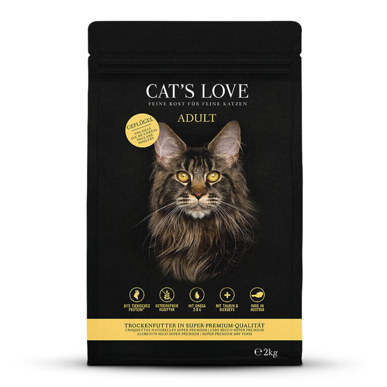 Cat's Love Adult Geflügel Frisches Geflügelfleisch und getrocknetes Geflügelprotein in Kombination mit Gemüse und weiteren wertvollen Zutaten – 100% nach dem Rezept der Natur: Unser Geflügel-Trockenfuttermenü für ausgewachsene Katzen deckt nicht nur den Nährstoffbedarf