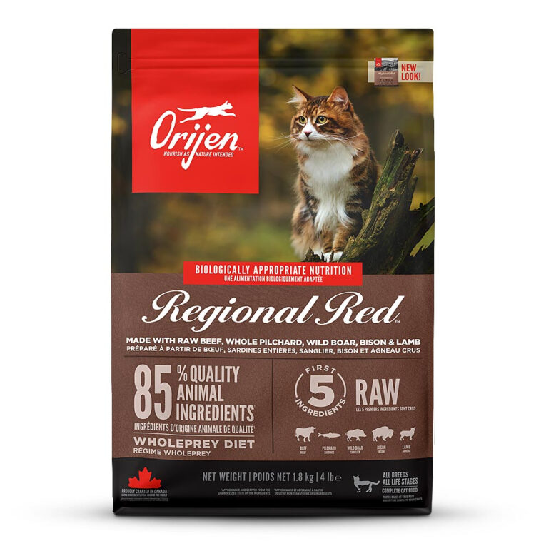 Orijen - Trockenfutter - Regional Red (getreidefrei) Orijen Regional Red ist ein Katzenfutter für Katzen aller Rassen. Zur Förderung einer natürlichen und artgerechten Ernährung liefert das getreidefreie Trockenfutter reichlich Proteine und Fette aus frischem rotem Fleisch und Fisch. Zudem können ein geringer Kohlenhydratanteil und die niedrig glykämische Zusammensetzung ohne Kartoffeln für einen stabilen Blutzuckerspiegel sorgen und die Kondition Ihrer Katze unterstützen. Die Zusammenstellung aus frischem Angus Rind