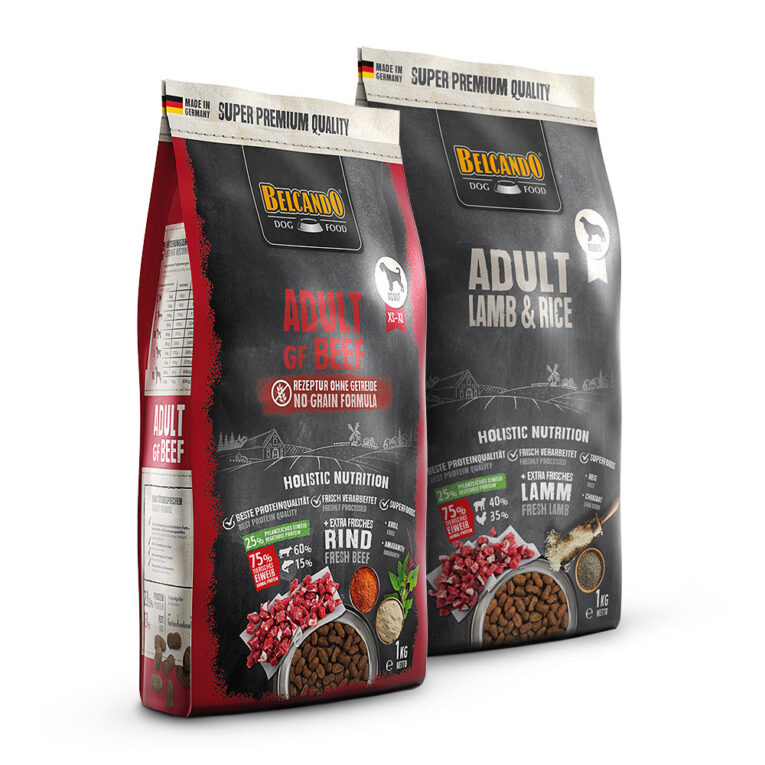 Trockenfutter Wählen Sie aus zwei Sorten des Trockenfutters entweder Adult Lamb and Rice oder Finest GF Beef der Linie Super Premium von Belcando. Das Trockenfutter Adult von Belcando enthält schmackhaftes Fleisch