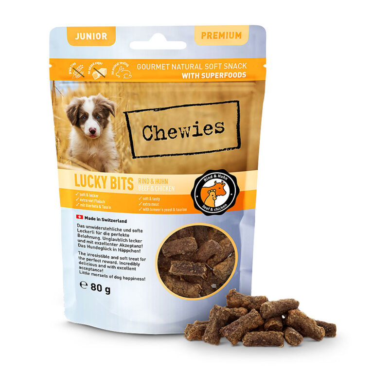 Chewies LUCKY BITS Rind & Huhn Chewies LUCKY BITS sind unsere Superfood-Leckerli mit extra viel Fleisch und exzellenter Akzeptanz. Jede Sorte beinhaltet besondere