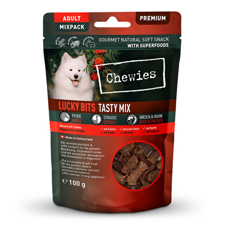 Chewies LUCKY BITS Tasty Mix Chewies LUCKY BITS sind unsere Superfood-Leckerli mit extra viel Fleisch und exzellenter Akzeptanz. Jede Sorte beinhaltet besondere